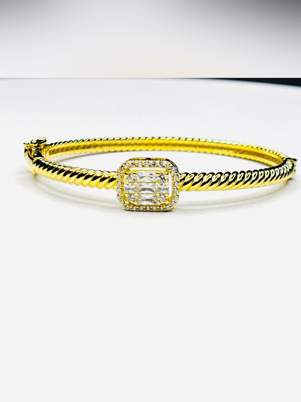 18K Gold Sterling Silver Twisted Cable Bangle with Radiant CZ Accent